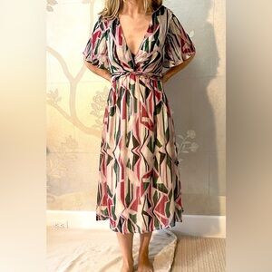 ba&sh Pink and Green Geometric Midi Dress